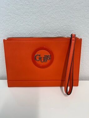 GUESS Bright Orange Logo Wristlet Clutch